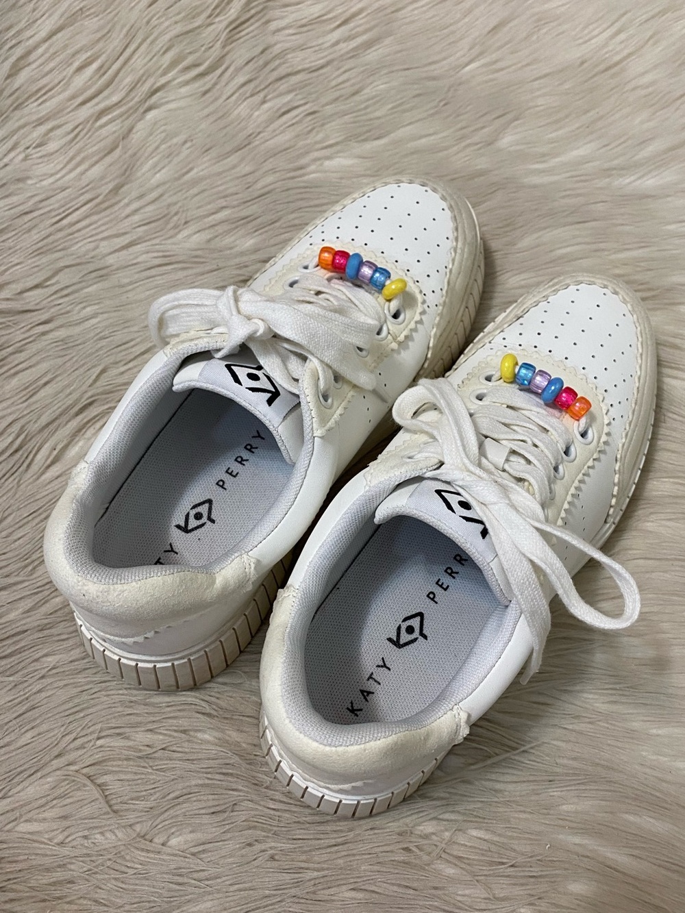 Katy Perry Skater Bead Sneakers Optic White Rainbow Beaded Laces Platform 7 - Picture 7 of 10